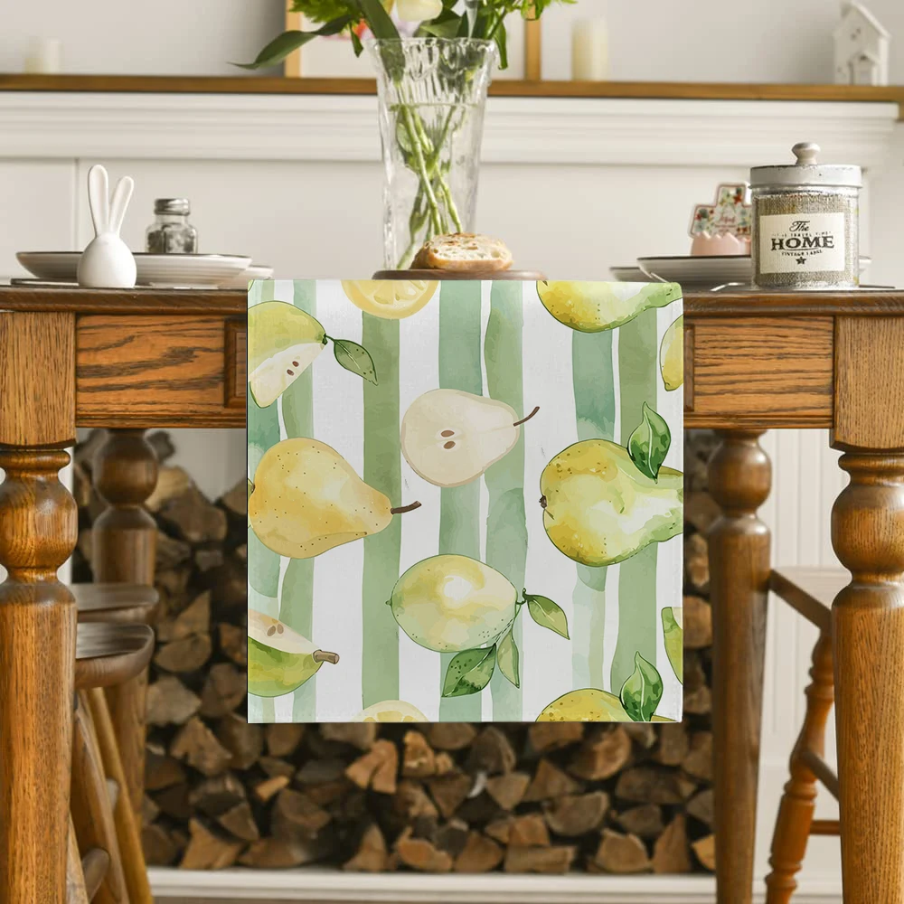 Vegetable Pear Lemon Stripe Watercolor Table Runners Dresser Table Decor Washable Kitchen Dining Coffee Table Runner Party Decor