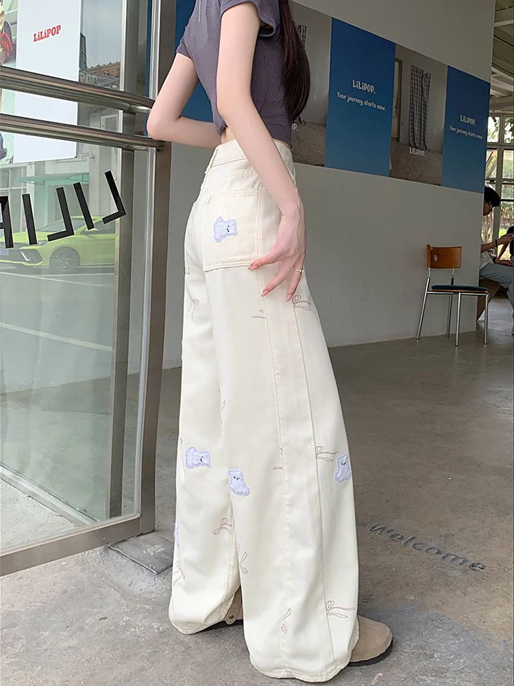 Women Retro Bow Y2K Korean Style Fashion Denim Pants Loose 2025 Sweet Girl Wind Embroidered Bear Pattern Jeans