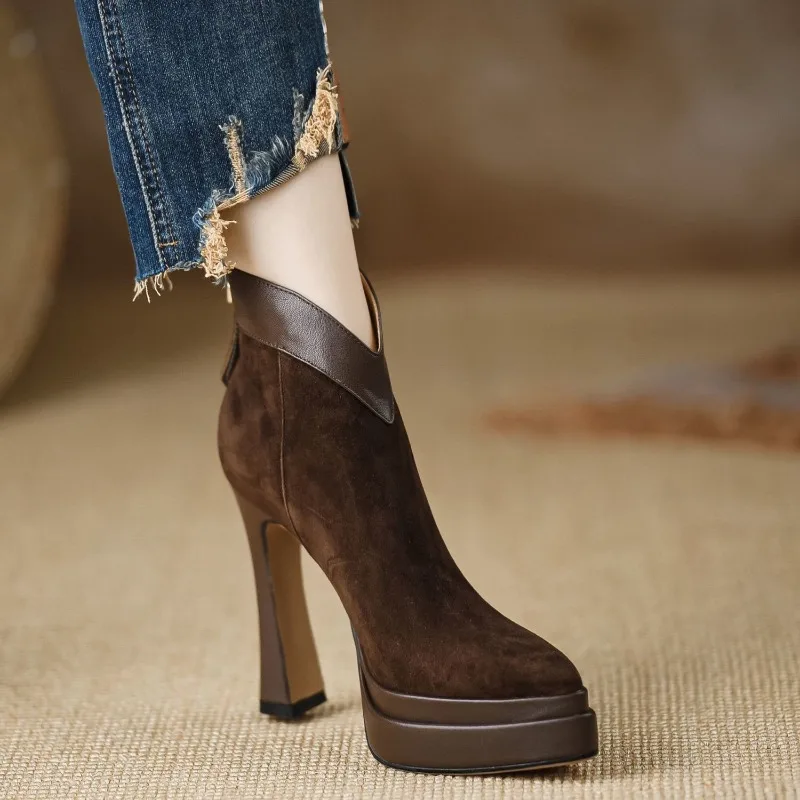 Botines de Tacón Alto para Mujer, Punta Puntiaguda, Zapatos de Invierno a la Moda, Tacones de Diseñador de Gamuza, Elegantes Botas Chelsea para Mujer 2025