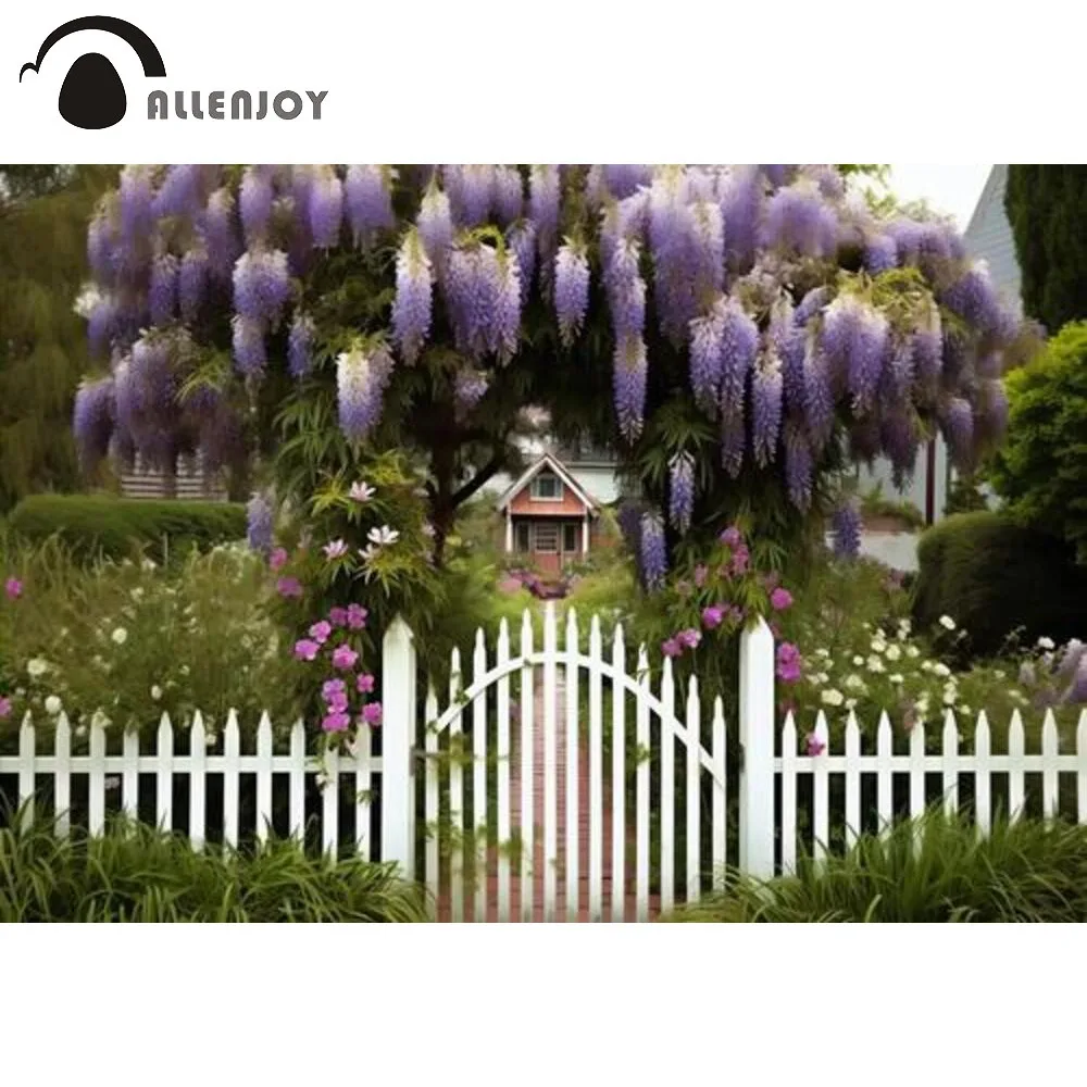 

Allenjoy Wisteria Garden Photography Backdrop Spring Purple Flowers White Fence Photoshoot Background