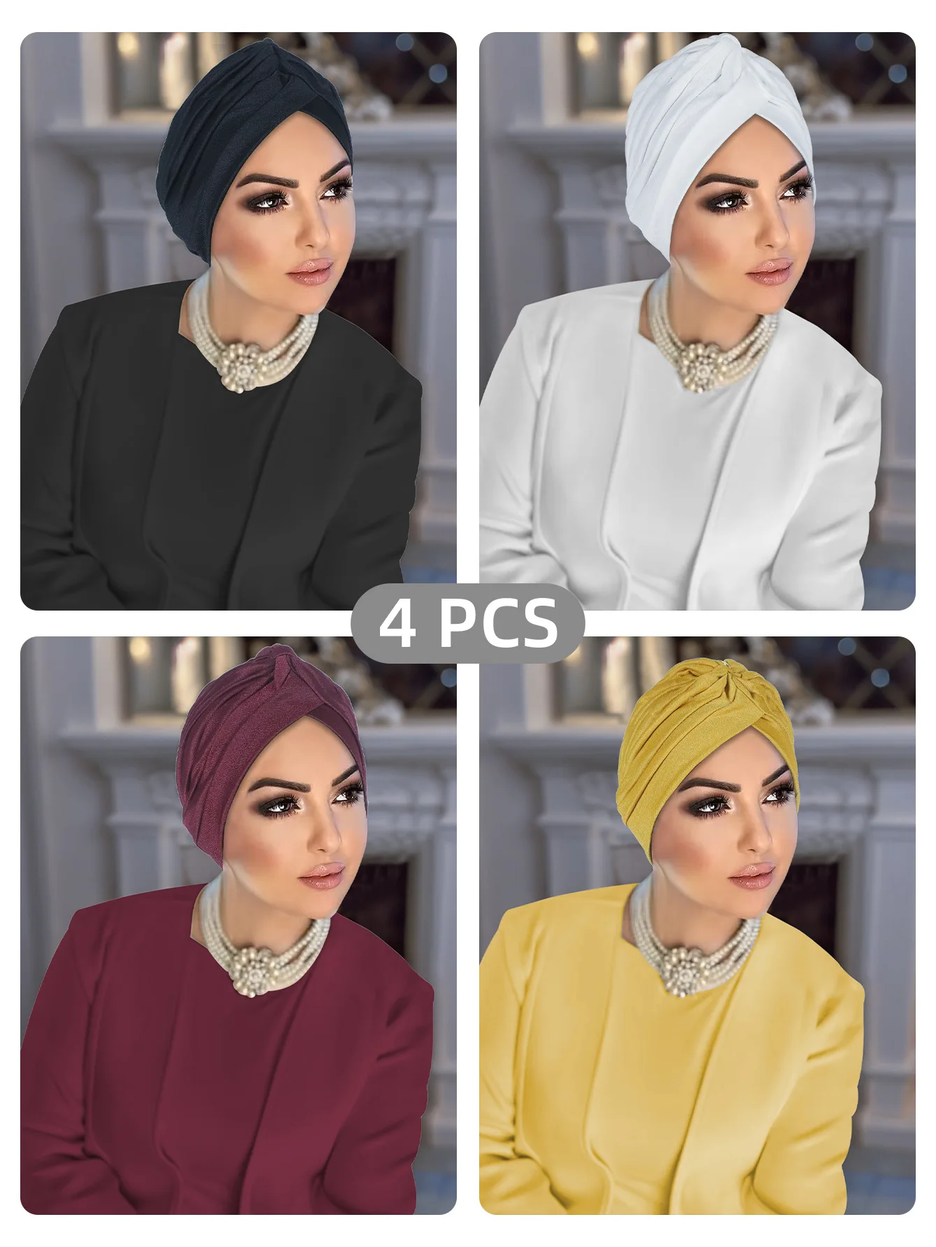 

4Pcs India Hats Women Folds Muslim Turban Scarf Fashion Islamic Inner Hijab Caps Arab Wrap Female Femme Musulman Turbante Mujer