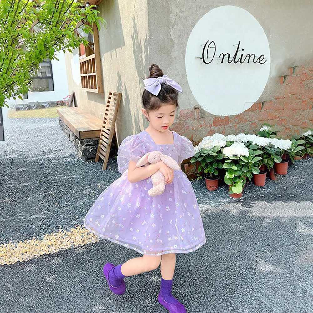 Summer Floral Tulle Kids Girls Dress 2022 New Sweet Puff Sleeve Square Collar Gauze Princess Dresses Girl Ball Gown for Party