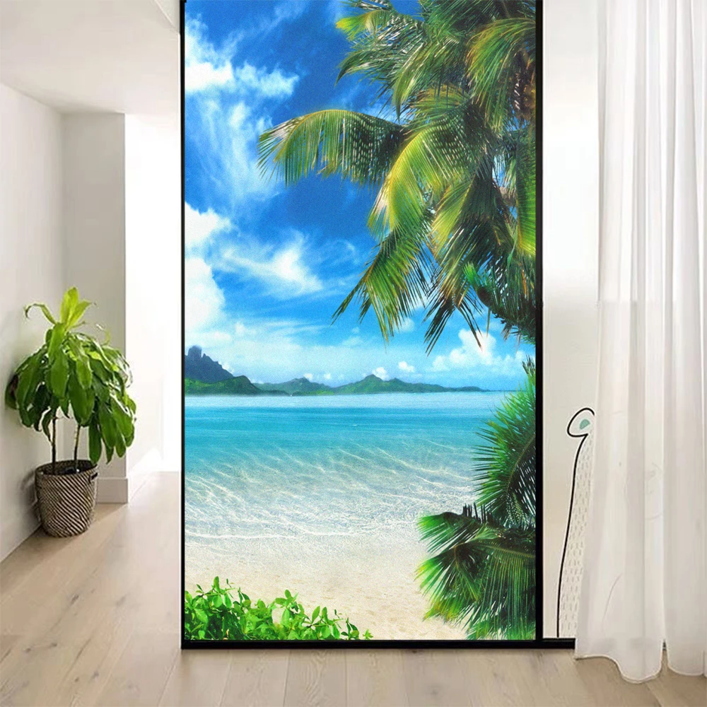Seascape Pattern Privacy Glass Window Decoration Film PVC Frosted Sliding Door Film Static Clings Non-Glue Anti UV Glass Sticker