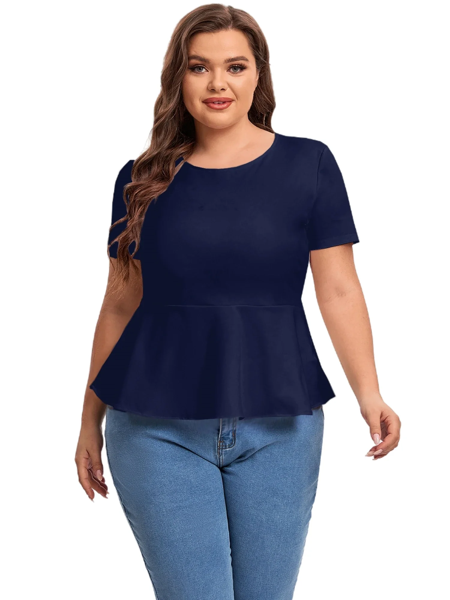 

Plus Size Short Sleeve Elegant Summer Peplum Tops Women Keyhole Back Casual Ruffle T-shirt Tee Plus Size Clothing Women 7XL 8XL