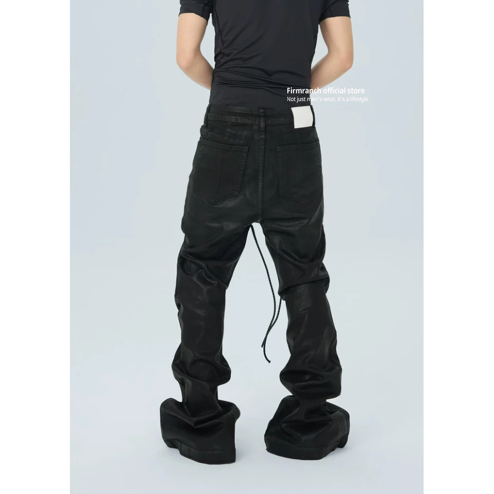 Firmranch New Black Oil Wax Jeans With Ribbon For Men/Women Punk Streetwear Skinny Flare Denim Pants Motorcycle Biker Trousers