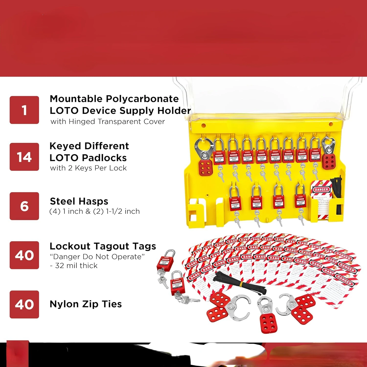 Lockout Tagout Station with Loto Devices - 14 Pack Safety Lock Set, 6 Hasps, 40 Do Not Operate Tags, Lock Out Tag Out Kit Board