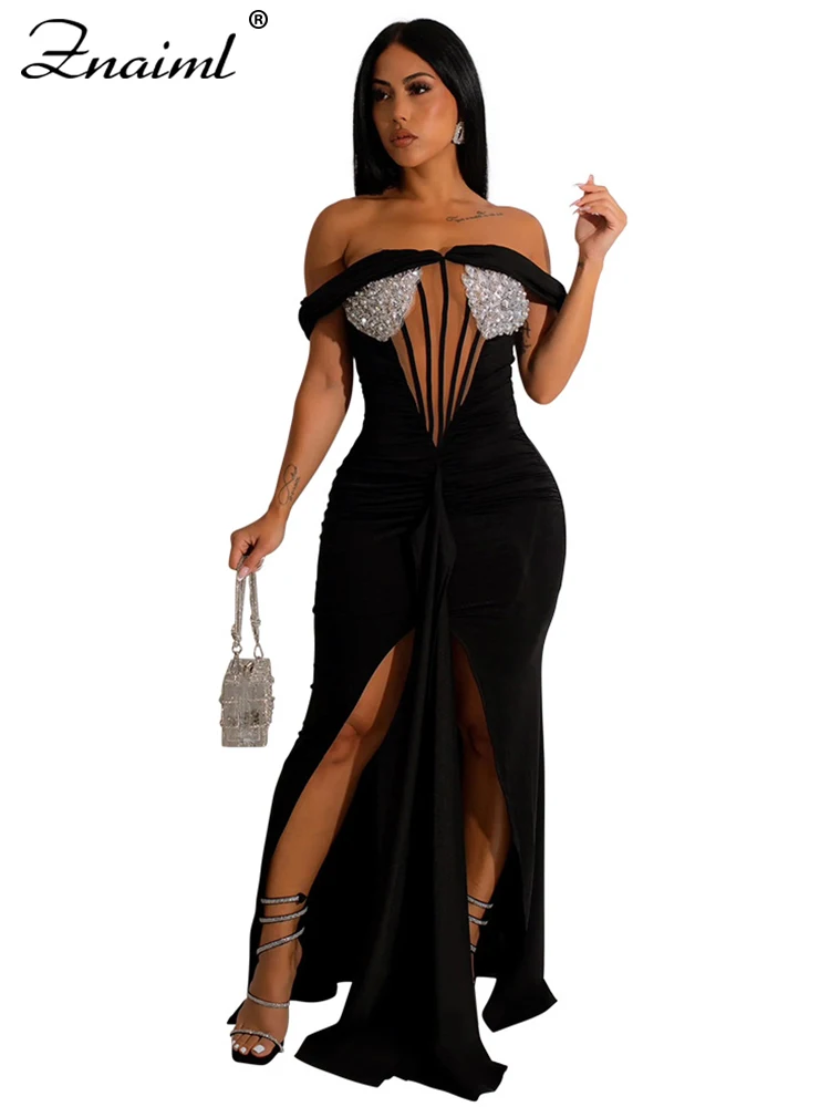 Znaiml Elegant Sequins Mesh Patchwork High Split Birthday Prom Dress Women\'s Off Shoulder Slash Neck Even Party Night Club Robes