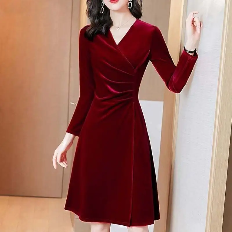 Spring Autumn New Women\'s Solid Color V-Neck Pleated Dress Elegant Fashion Shrink Your Waist and Appear Thin Long Sleeve Tops