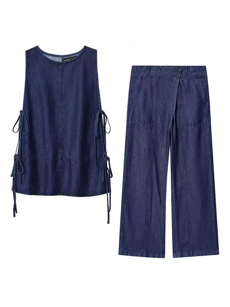 

HH Summer Women Denim Fashion Solid 2-Piece Set Bow Decoration Sleeveless O-Neck Top+Loose High Waist Button Pockets Pants