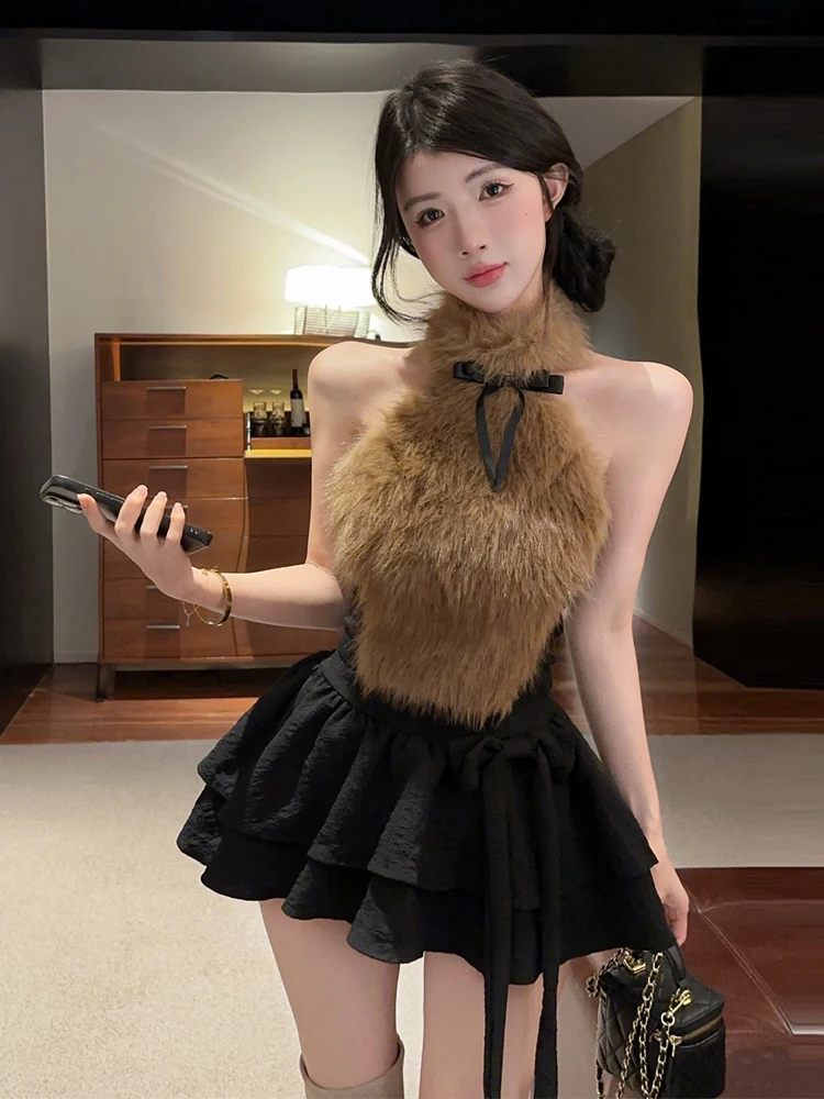 Autumn Winter Plush Sleeveless Neck Hanging Strap Top  Knot Puffy Skirt Set Vintage Style High Collar Two-Piece Suit