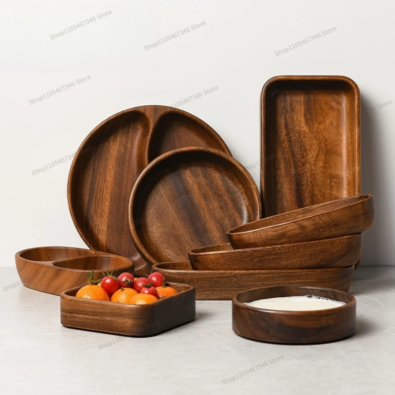 For Walnut Fruit Plate Solid Wood Round Salad Bowl Plate Dinner Plate Wooden Tray for Children for Home Use