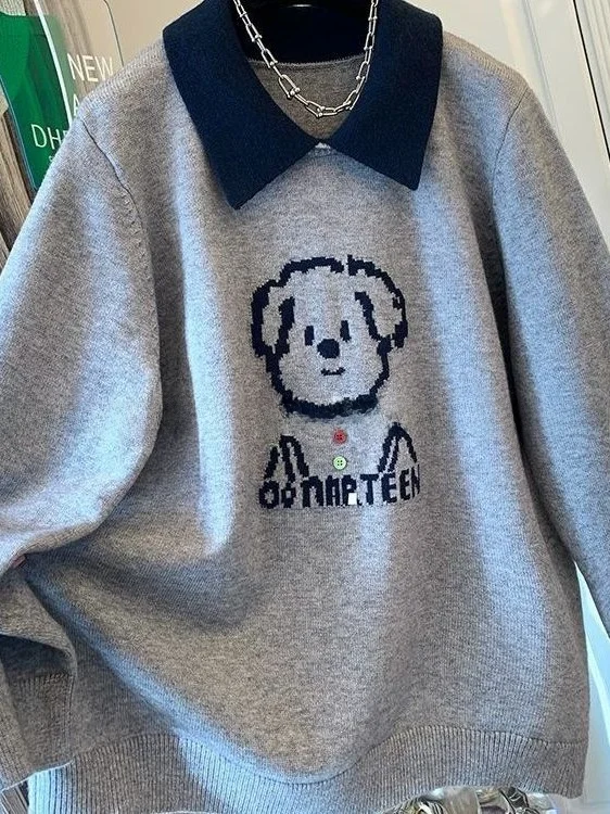 

Extra Large 2300 Pou Knitted Sweater Fake Two-Piece Loose Fit Collared Dog Print Women's Autumn Winter Casual Top