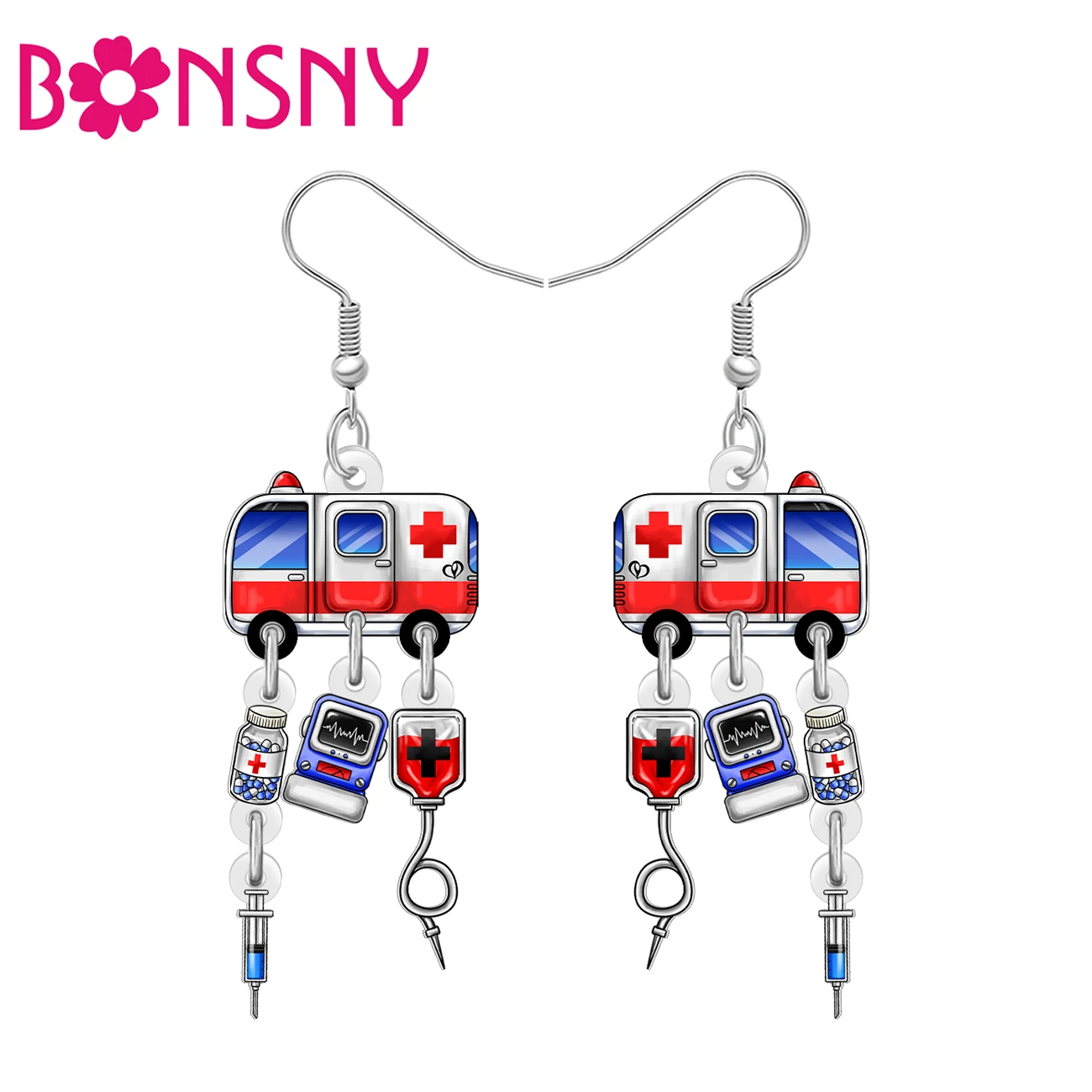BONSNY Acrylic Nurses Day Ambulance Earrings Emergency Medical Set Dangle Jewelry Appreciation Gifts For Women Nurse Doctors