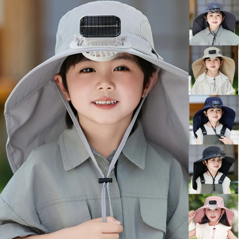 

Multifunctional Kids Sun Hat with Solar USB Rechargeable Fan Adjustable Speeds and Neck Flap for Outdoor Camping Hiking