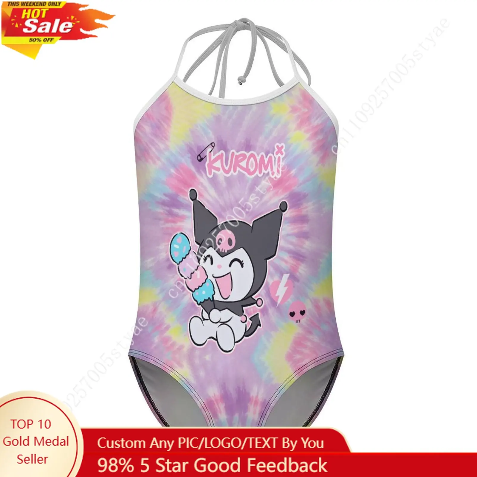

Hello Kitty Kuromi Tie-dye Girls Swimsuit One Piece Teens Bathing Suit Adjustable Neck Tie Swimming Suits Kawaii Swimwear