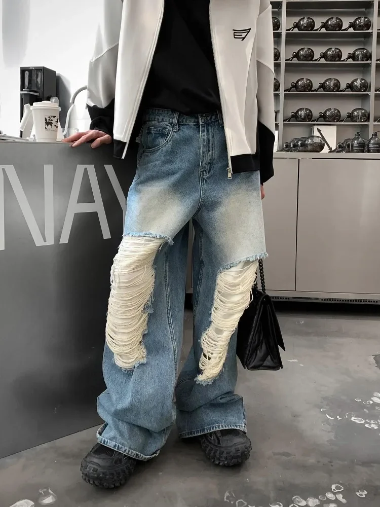 Ripped Large Hole Patch Jeans Spring High Street Hip-hop Retro Old Pants Men Korean Fashion Streetwear Casual Loose Thigh Jeans