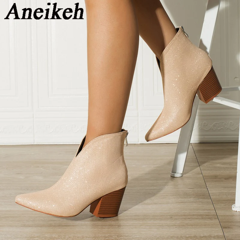 

Женские Элегантные привлекательные тканевые ботильоны с блестками aneikehколлекция 2024 года, ботинки челси с острым носком на квадратном каблуке и молнией, свадебное платье