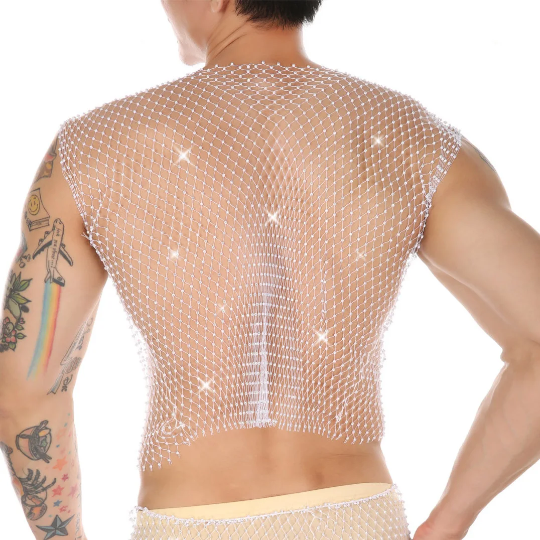 Men Rhinestone Tank Tops Sheer Mesh See Through Fishnet Glitter Sparkly Festival Crop Top Shirt Sexy Club Party Rave Outfit