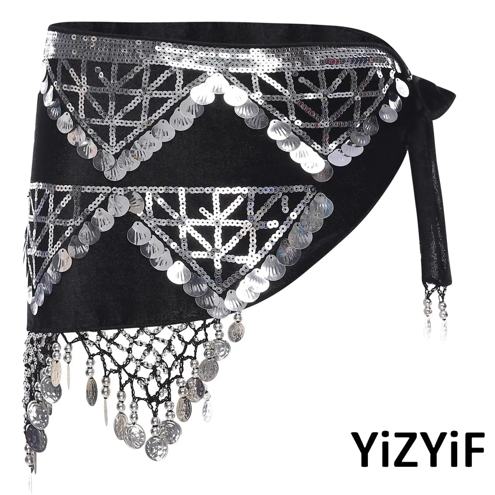 

Adult Womens Elegant Belly Dance Wear Sequin Tassel Triangle Scarf Fringe Wrap Skirt for Stage Prom Folk Dance Performance