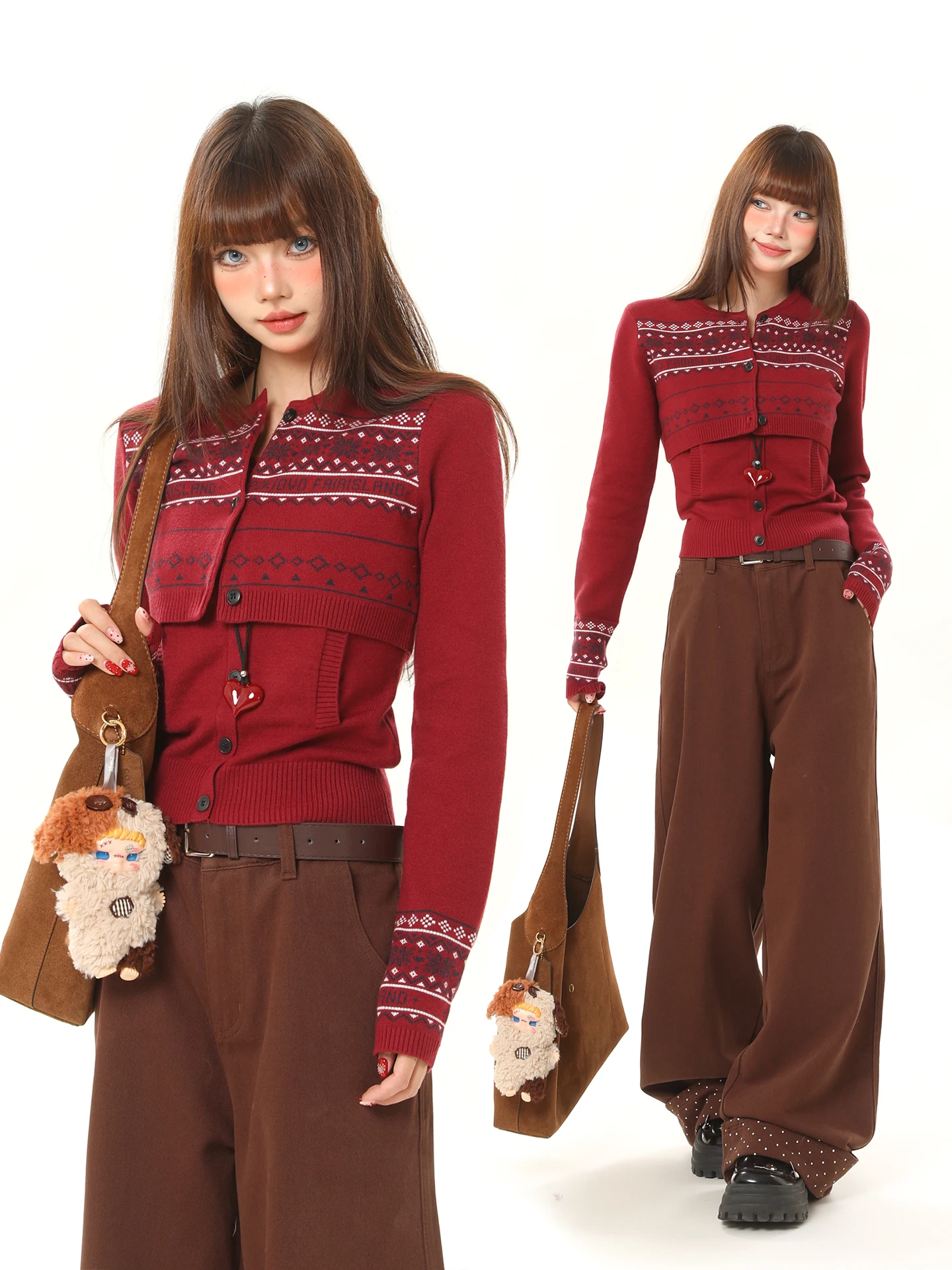 

Cisas New Year Vintage Sle Fair Isle Knitted Sweater Vest Set Thin Warm Fce Women's Faion round Ne Long Sve