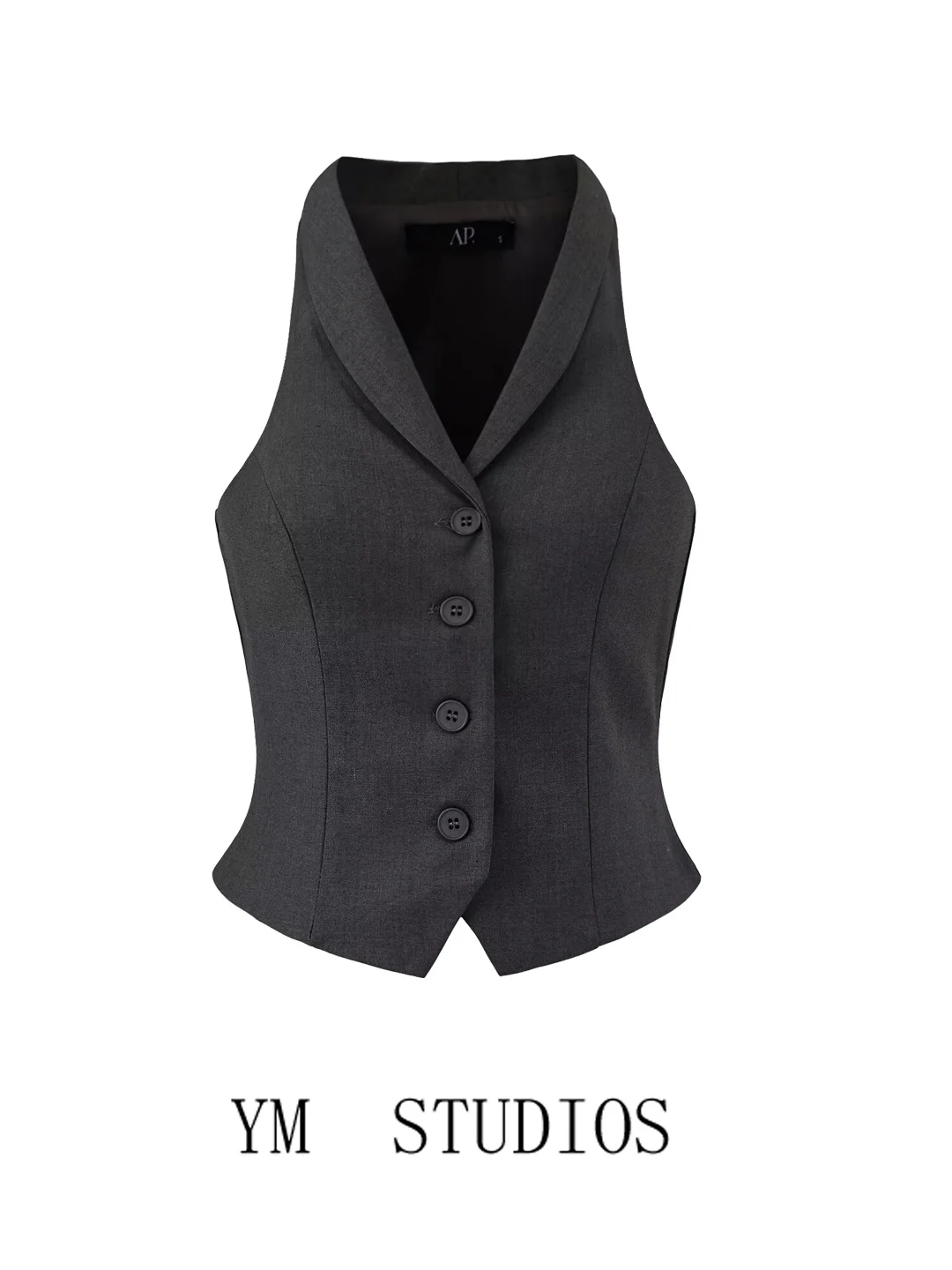 Retro Spicy Girl Style Slim Grey Short Suit Vest Summer V-neck Trendy Women's Jacket Commute Style Single Button Closure