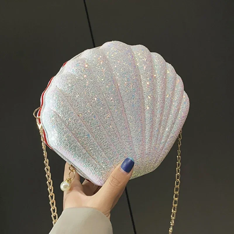 

New Fashion Chains Crossbody Shoulder Bags for Women Shell Shape Sequined Small Handbag Purse Female Messenger Bag Clutch