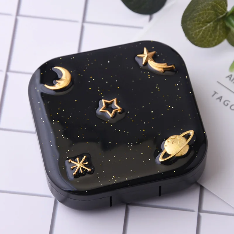 New Black Starry Sky Series Contact Lens Care Box with Mirror School Travel Portable Color Contact Lenses Duplex Case Organizer