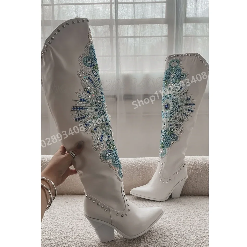 

Crystals Decor Knee High Boots White Matte Chunky High Heel Pointy Toe Runway Fashion Sexy Women Shoes 2025 Spring Para Mujere