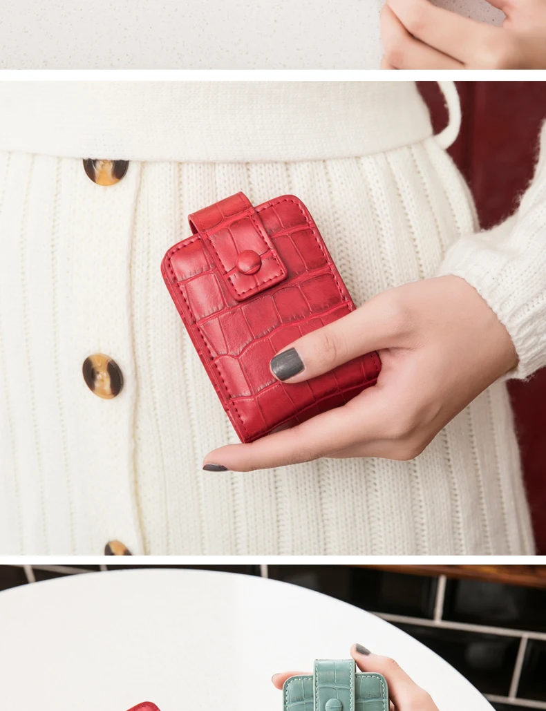 Tragbare Mini-Lippenstift-Tasche mit Spiegel, minimalistische kleine Kosmetiktasche mit Knopf, Damen-Make-up-Aufbewahrungskoffer mit Krokodilprägung – Detail 11