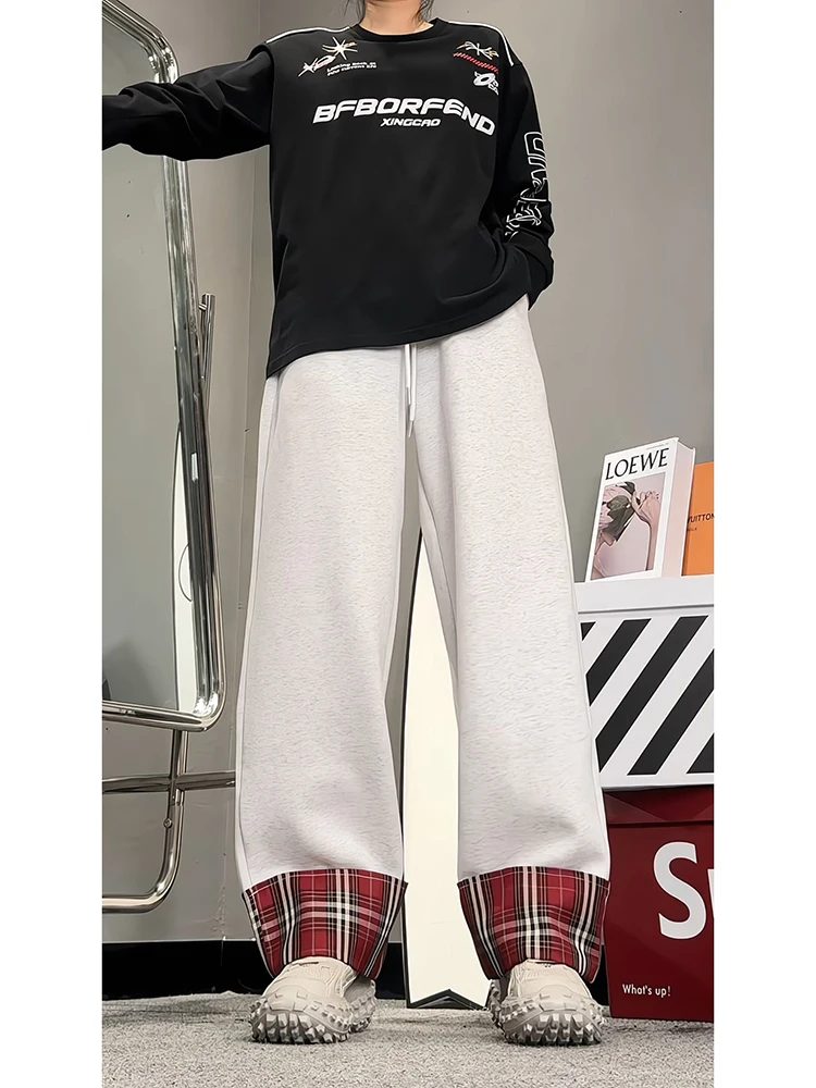 

ey Plaid Cuffed Sweatpants Men's Loose BF Lazy Sle American Long Pants Spring Autumn Splicing Design Sense Casual Trousers