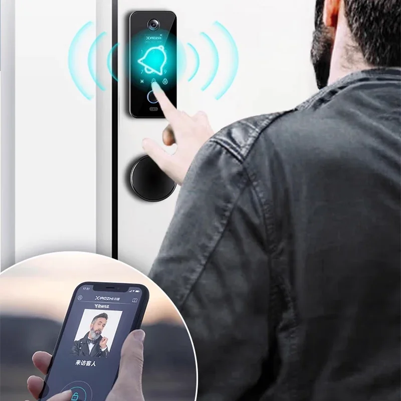 Tuya-顔認識ロック,指紋ドアロック,パスワード,スマートカード,Bluetooth,内蔵ドアベル,HDのぞき穴