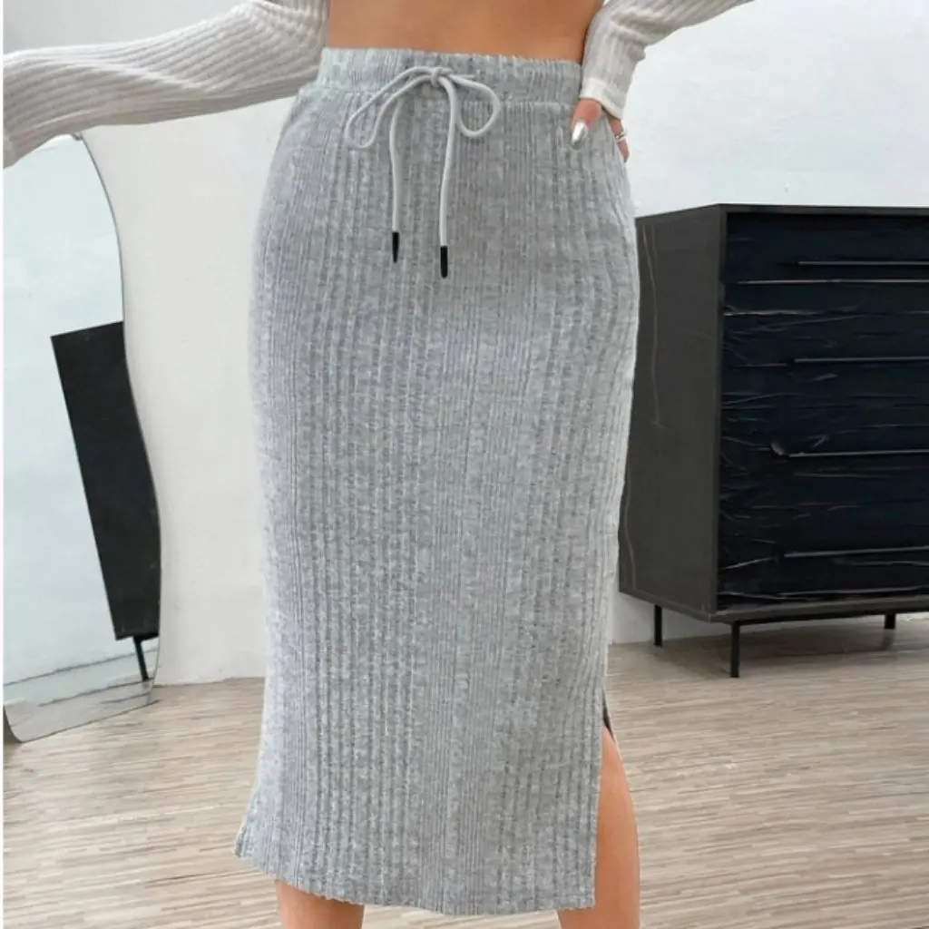 

Women's High Waist Drawstring Slit Fleece Skirt Casual Knitted Autumn Winter New Style European American Design