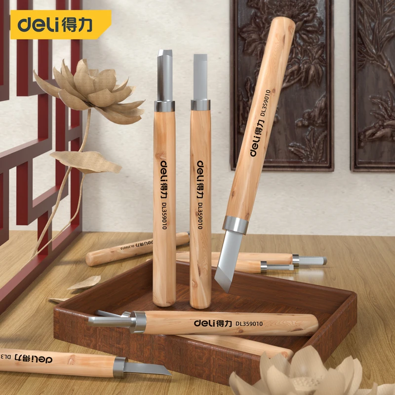 Deli 3/6/10/12 Pcs Carving Knife Set SK2 Cutter Head Wooden Handle Knives Multi-functional Woodworking Portable Hand DIY Tools