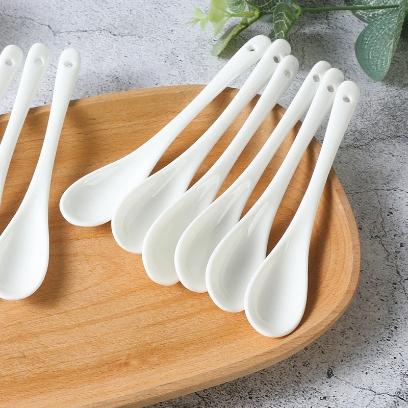 New【5PCS Porcelain Spoons Mini Kitchen Ceramic Tea Coffee Sugar Dessert Spoon New Pure White Flatware】