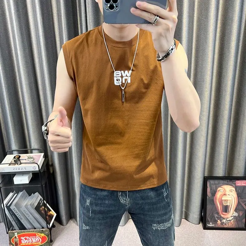 Fashion O-Neck Printed Letter Casual Tank Top T-Shirts Men\'s Clothing 2024 Summer New Loose Korean Sleeveless Tops All-match Tee