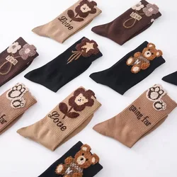 Women Socks Cotton Spring Autumn Winter Flower Print Cartoon Bear Socks For Girls Gift Korean Style Cute Kawaii Calcetines Mujer