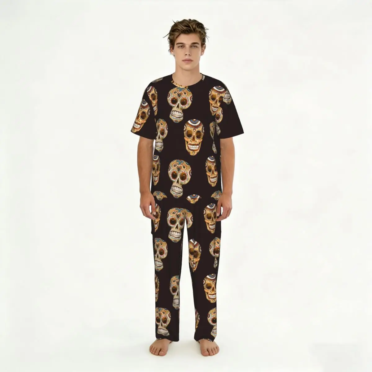 

Мужской пижамный комплект Day Of The Dead с винтажным принтом черепа, с короткими рукавами, весенне-летняя одежда для отдыха, мужская ночная одежда