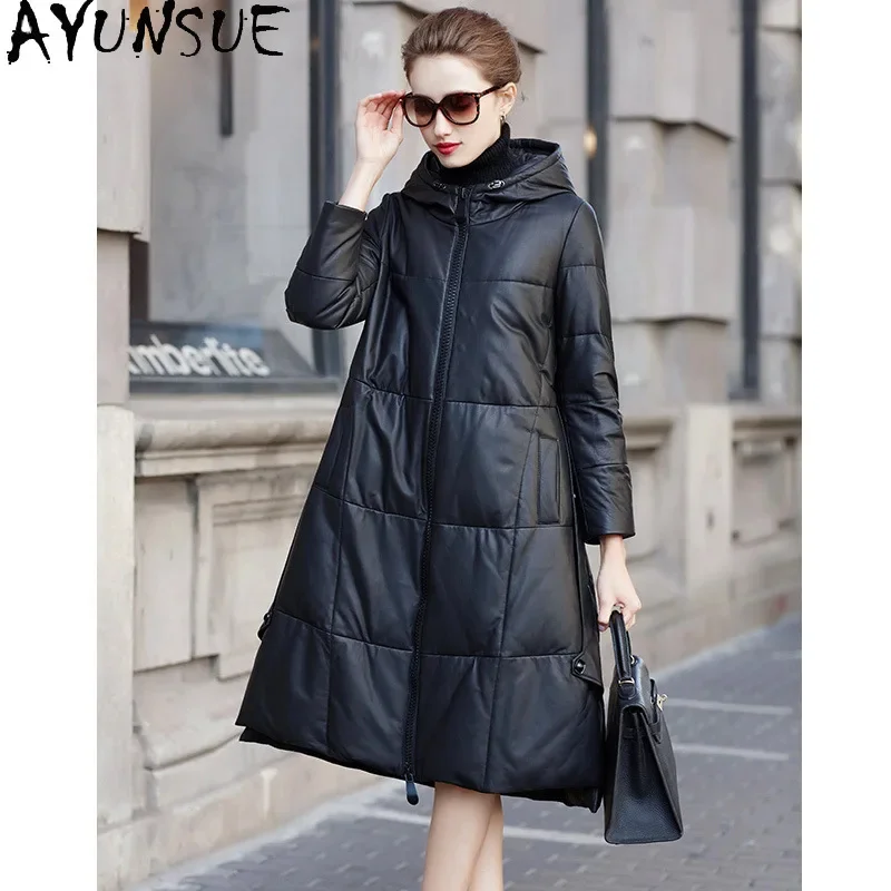 

Genuine AYUNSUE Leather Down Jackets for Women 2024 Hooded Winter White Duck Coat 100% Sheepskin Coats Warm Parkas A-line