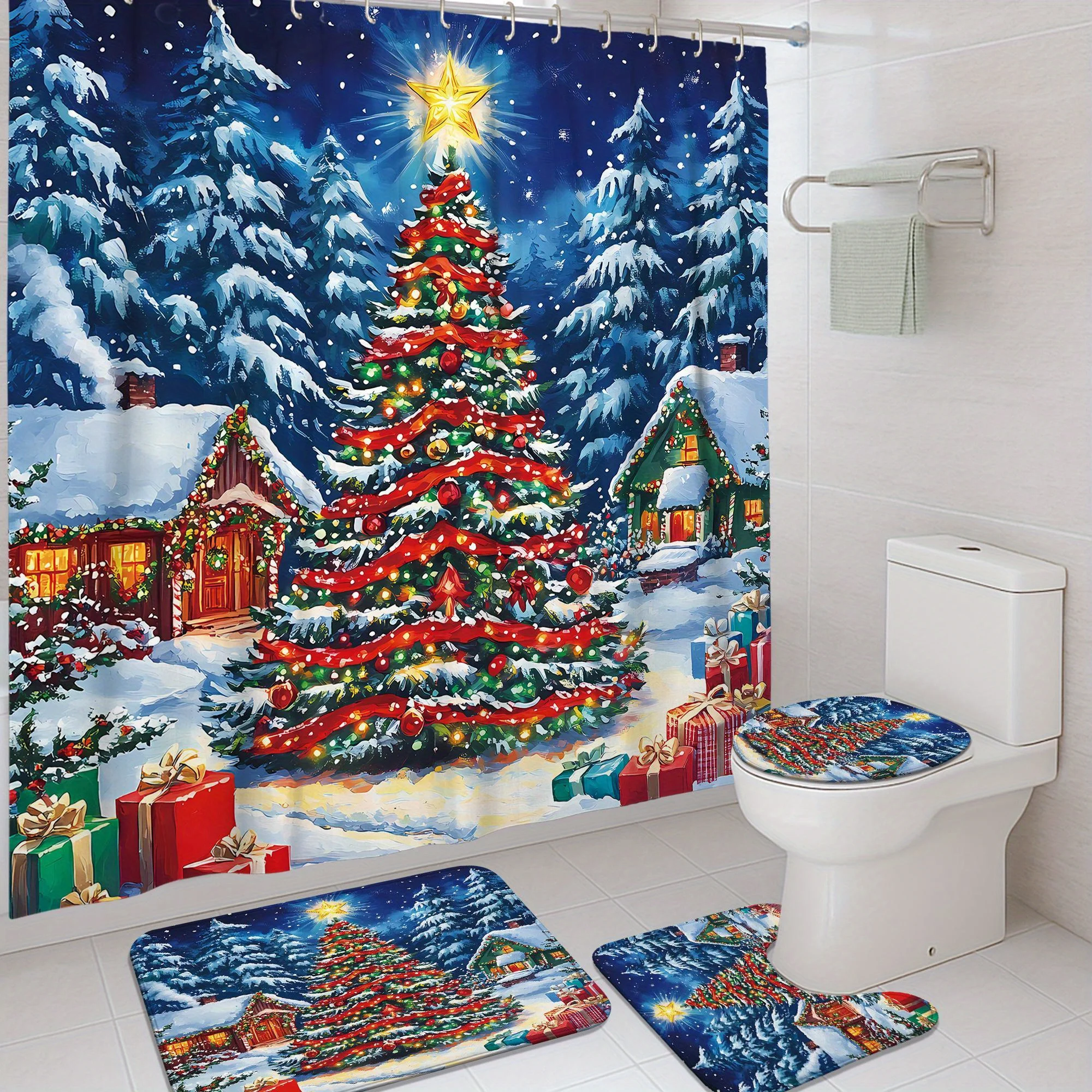 

4pcs christmas winter tree ball gift house holiday red green shower curtain set with shower curtain and rugs polyester machine