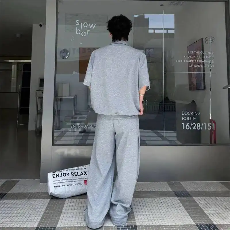 Grey New Summer Men's Two Pieces Set Turn Down Collar Fake Short Sleeve Sweatshirt And Casual Wide Leg Long Pants GPBW view 3