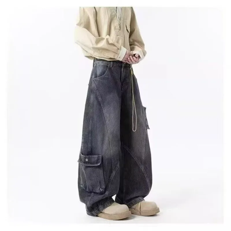 Women's Multi-pocket Design Vintage Jeans Street Unisex Sweatpants Cool Girl Wide Leg Pants Female High Waisted Baggy Trousers
