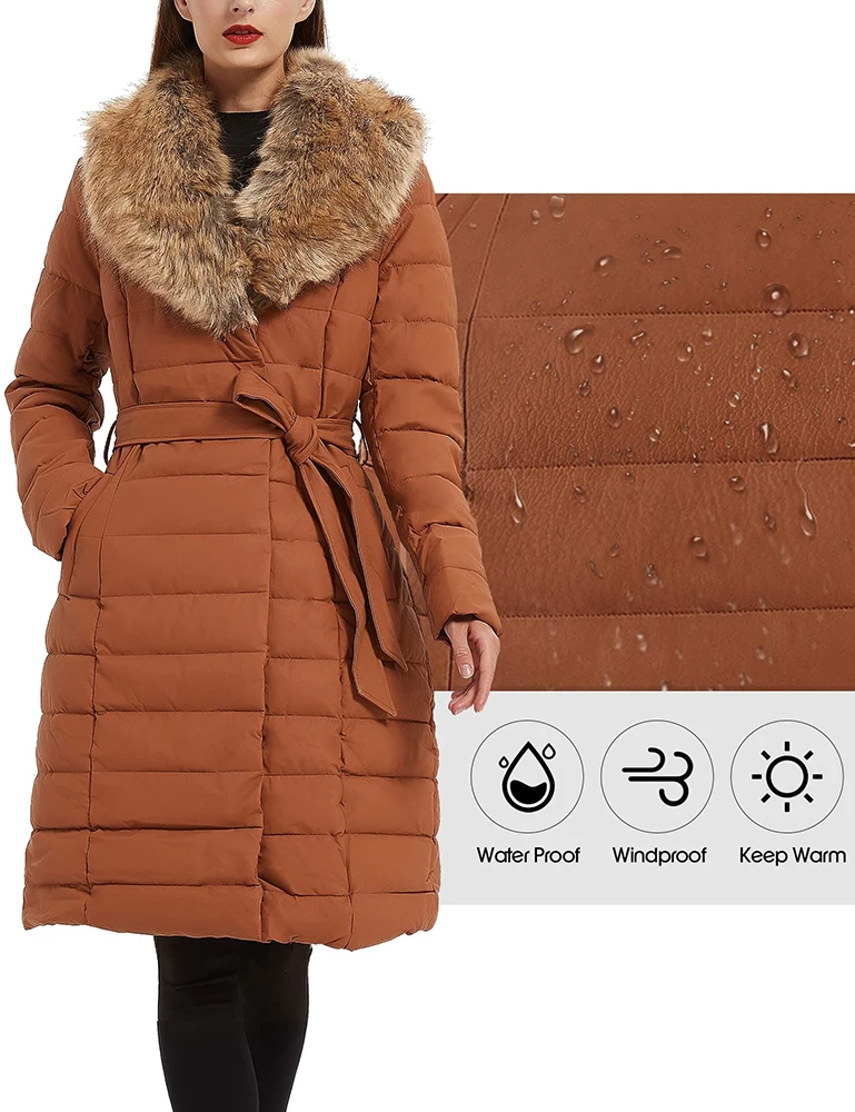 Giolshon Leather Puffer Jacket For Women Winter Bubble Padding Long Puffer Coats With Detachable Faux Fur Collar