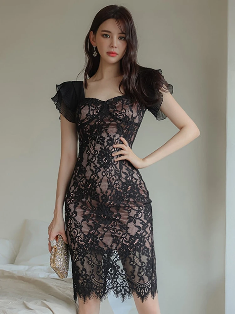 Vintage Elegante Sheer Spitze Kleid Frauen Sexy Haken Blumen Hohl Rüschen Hülse Midi Robe Party Club Kleid Weibliche Schwarz Vestidos