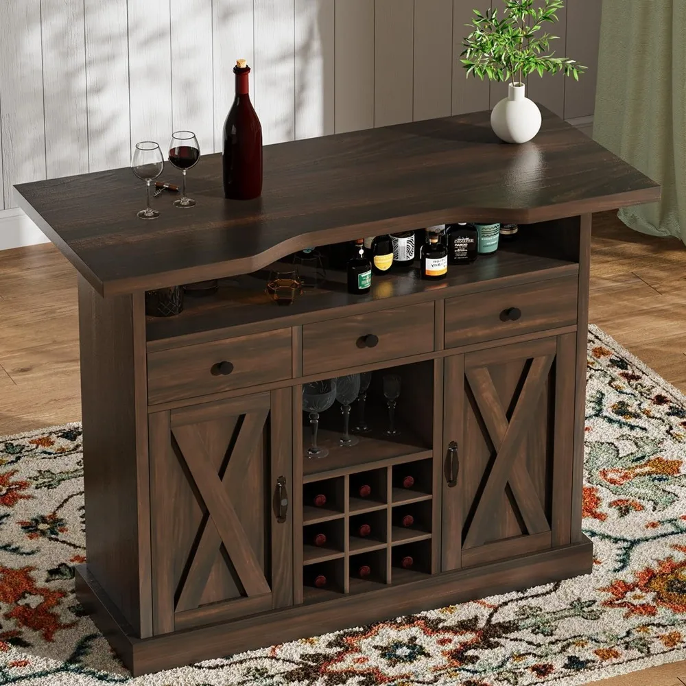 

52 Inch Large Home Bar Unit with Foot Rail, 4-Tier Storage Bar Table with 3 Drawers, Farmhouse Wine Bar Cabinet with 9 Wine