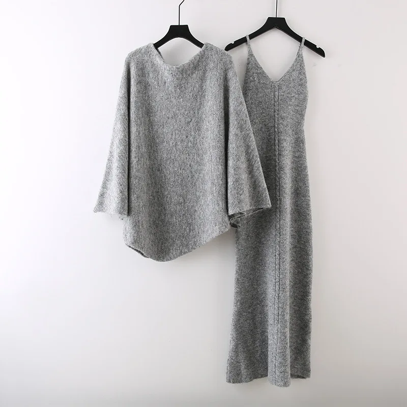 ZAMOR Women's 2-Piece Knit Cape Cover-Up and Slim Camisole Maxi Dress Set Elegant Autumn Winter