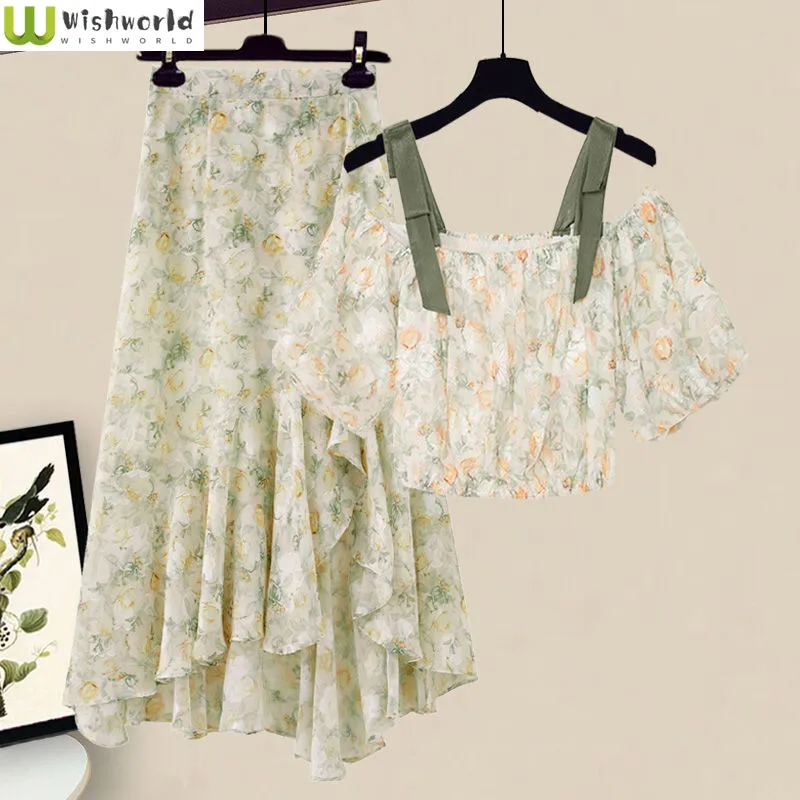 Large Size Spring and Summer Women\'s Suit 2022 New Korean Fashion Slim and Fresh Short Sleeve Floral Skirt Two Piece Skirt Suit