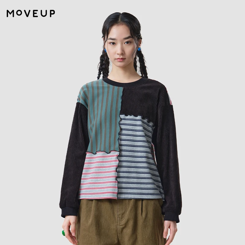 MOVEUP Long Sleeve Tees 2026 Autumn Color Block Knitted Corduroy Double Stripe Splicing  Top Loose Casual T‑Shirt 3ELQ10537