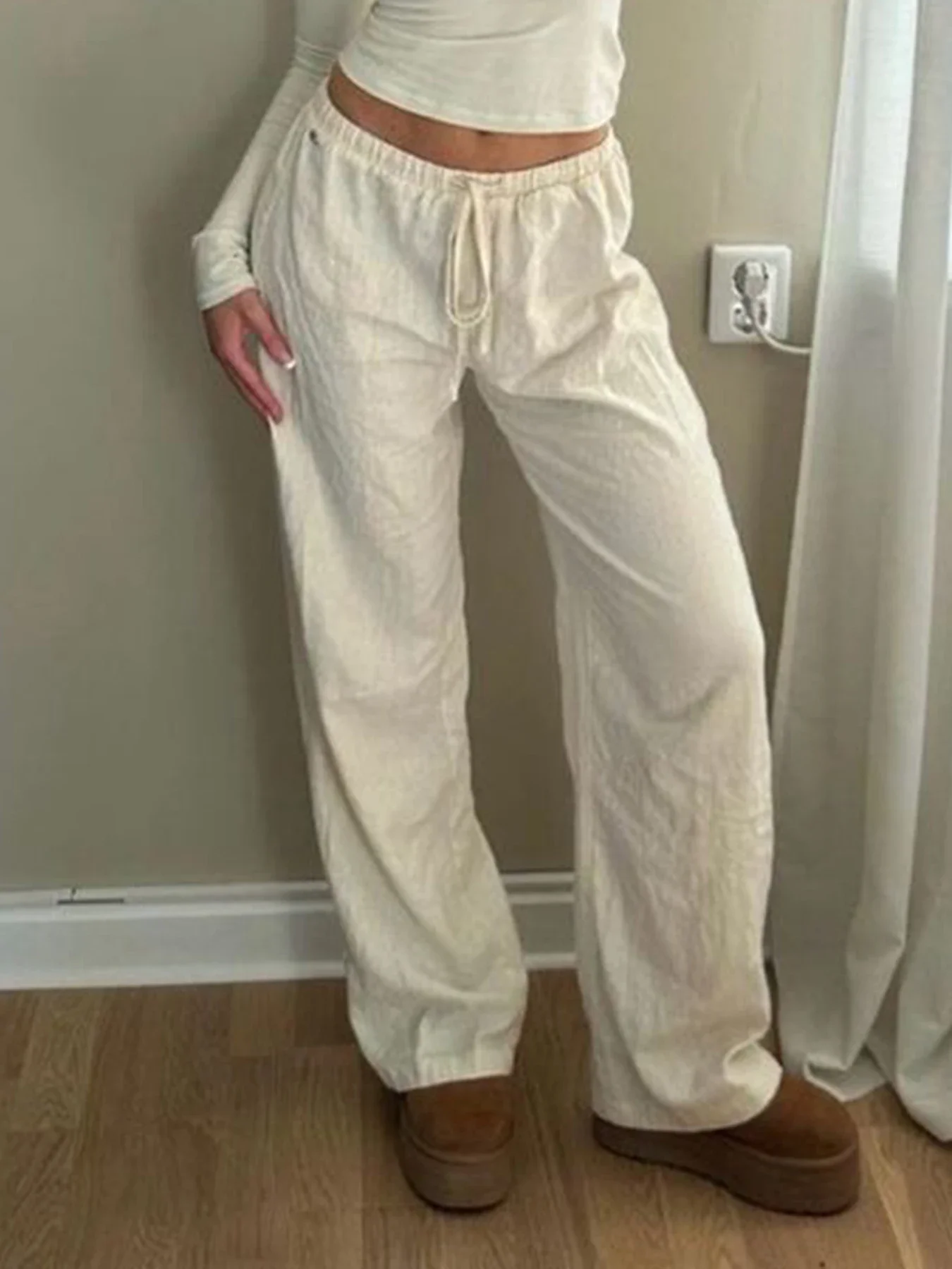 

Women's Solid Casual Pants y2k Streetwear Lace-up Low Rise Loose Straight Trousers Basic Capris Vintage 2000s Aesthetic