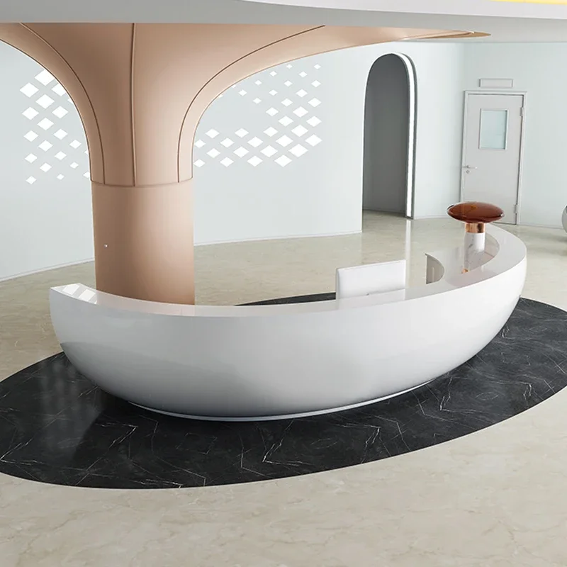 White lacquered front desk, reception desk, semi-circular welcome desk special-shaped bar, custom cabinet table