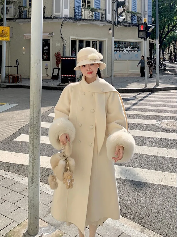 

High Weight Camel Wool Scarf Collar Double Face Coat New York Cisas Wang Han Yan Long Sve Regular Sve Length Coat